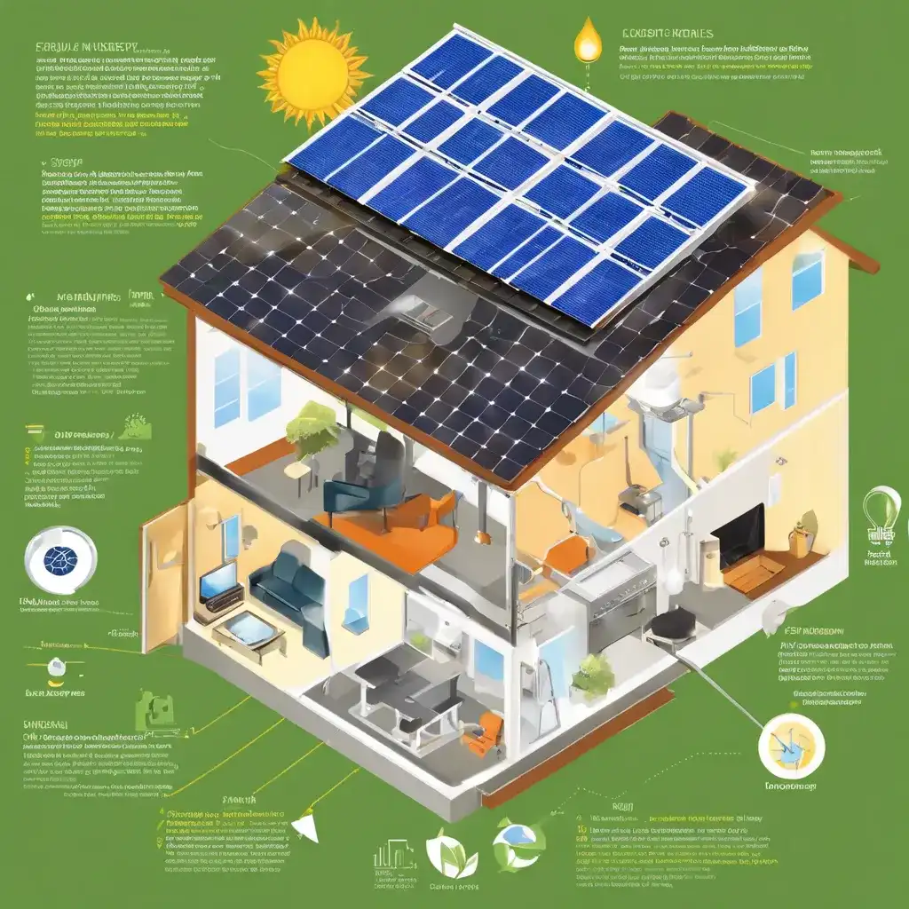 Cutaway illustration of a two-story smart home with solar panels on the roof. Inside, modern technology like smart appliances and energy-efficient lighting are depicted, set against a green background highlighting eco-friendly features.